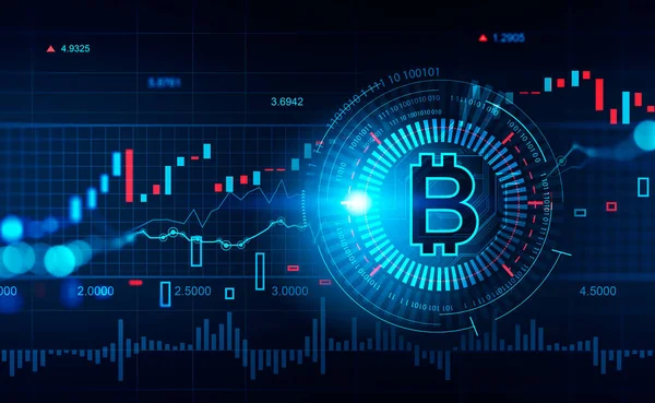 Hologramm Der Kryptowährung Mit Daten Und Grafiken Bitcoin Symbol Binäre — Stockfoto