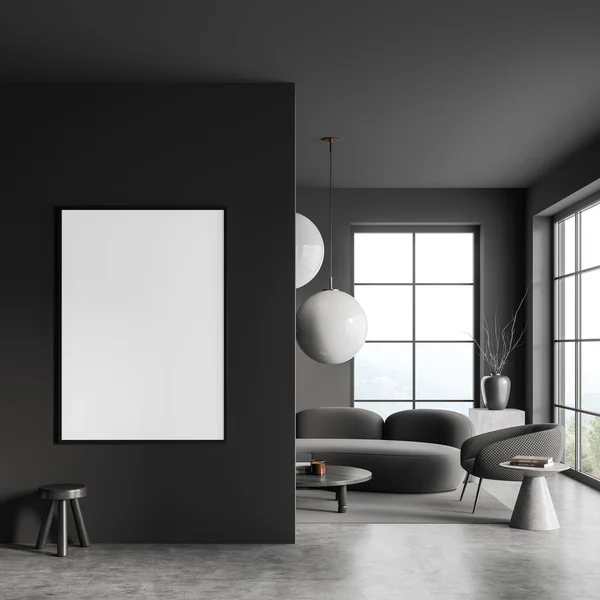 Dark Living Room Interior Sofa Armchair Coffee Table Grey Concrete — Stock Photo, Image
