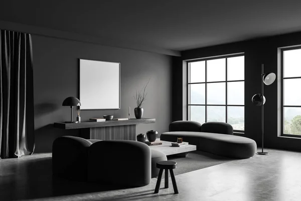 黑暗客厅室内两个沙发和咖啡桌 侧视图 抽屉在灰色混凝土地板上 乡村的全景窗户 把空白海报装模作样 3D渲染 — 图库照片