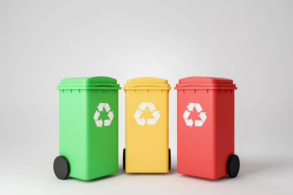 Row Three Colorful Garbage Bins Wheels Grey Background Concept Reduce — Stock Photo, Image