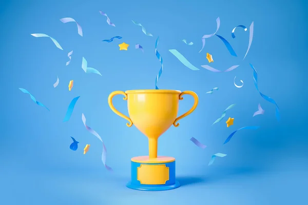 Gold trophy icon, champion cup with colorful falling confetti on blue background. Concept of congratulation. 3D rendering