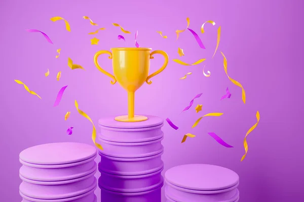 Gold Champion Cup Colorful Falling Confetti Purple Background Stage Podium — Stock Photo, Image