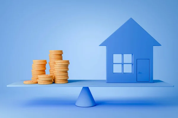 House and golden coin on balancing scale on blue background. Concept of mortgage, money saving and financial loan. 3D rendering
