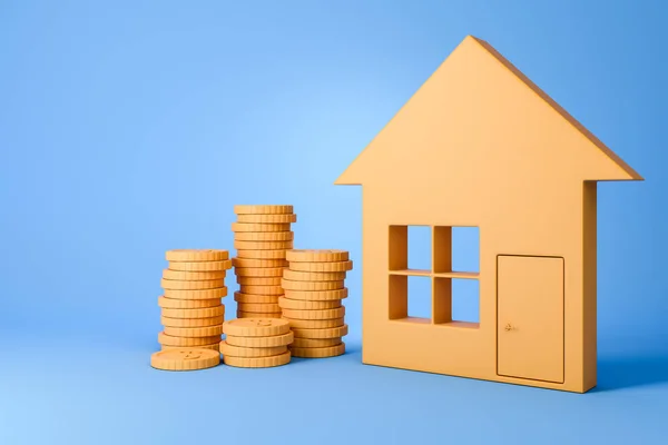 青い背景に金の家と黄金のコインのスタック お金の節約とローンの概念 3Dレンダリング — ストック写真
