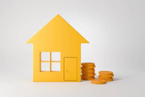 ライトグレーの背景に家と黄金のコイン 住宅ローン お金の節約と投資の概念 3Dレンダリング — ストック写真