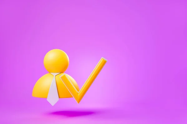 紫色の背景にチェックマークのアイコンと黄色の漫画のプロフィール プロファイル検証 承認の概念 コピースペース 3Dレンダリング — ストック写真