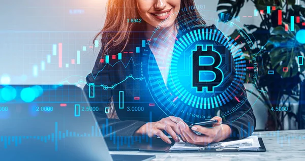 Businesswoman Smiling Smartphone Laptop Desk Cryptocurrency Hologram Bitcoin Binary Bar — Stock Photo, Image