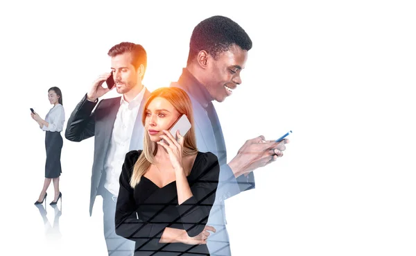 Bílí Černí Podnikatelé Spolupracují Volají Píší Chytrém Telefonu Bílém Pozadí — Stock fotografie