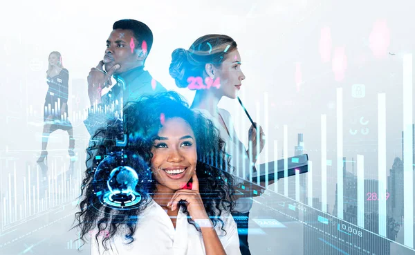 White and black people working together, happy and pensive portrait. Double exposure with forex diagrams, analysis and stock market chart with candlesticks. Concept of conference