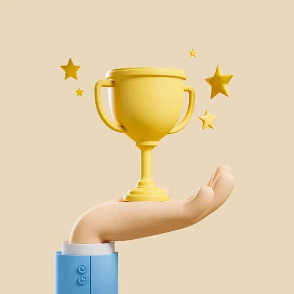 金のチャンピオントロフィーと白い漫画の手 ベージュの背景に星とカップ 達成と勝利の概念 3Dレンダリング — ストック写真