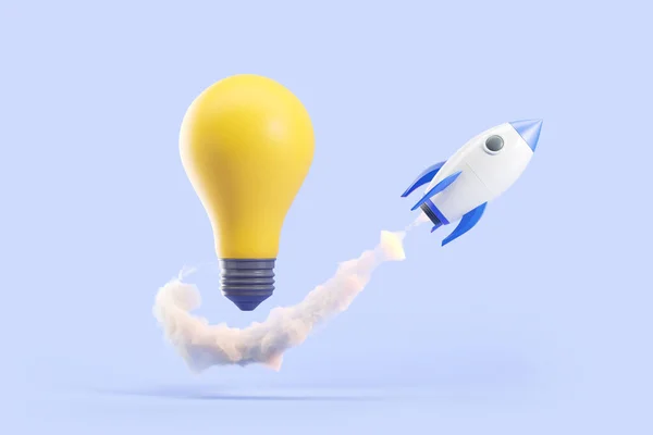 Rocket take off, gold light bulb on light blue background. Concept of start up launch and creativity. 3D rendering