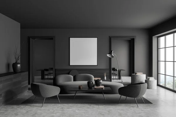 Dark Living Room Interior Armchairs Couch Coffee Table Grey Concrete — Stock Photo, Image