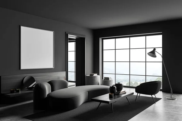 Dark Living Room Interior Sofa Armchair Side View Coffee Table — Stock Photo, Image