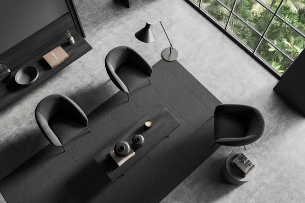 有三个扶手椅 架子和咖啡桌装饰 灰色混凝土地板 热带地区的窗户的黑暗会议室内部的顶部视图 3D渲染 — 图库照片