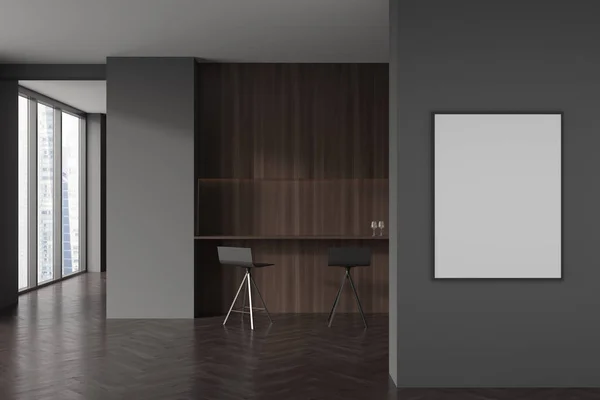Dunkles Esszimmer Mit Holzterrasse Und Stühlen Frontansicht Hartholzboden Moderner Konferenzraum — Stockfoto