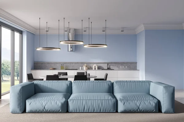 Blaues Studio Interieur Mit Sofa Und Esstisch Panoramafenster Auf Die — Stockfoto