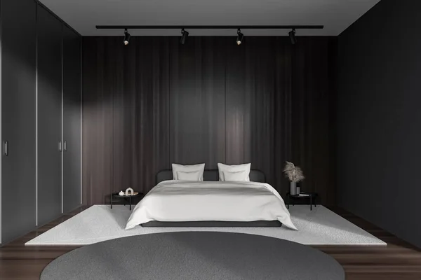 Dormitorio Oscuro Cama Interior Alfombra Con Mesa Noche Decoración Vista —  Fotos de Stock