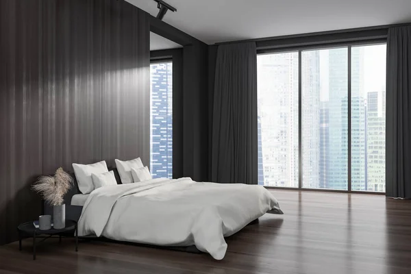 Σκούρο Υπνοδωμάτιο Εσωτερικό Κρεβάτι Κομοδίνο Και Διακόσμηση Πλαϊνή Θέα Πανοραμικό — Φωτογραφία Αρχείου