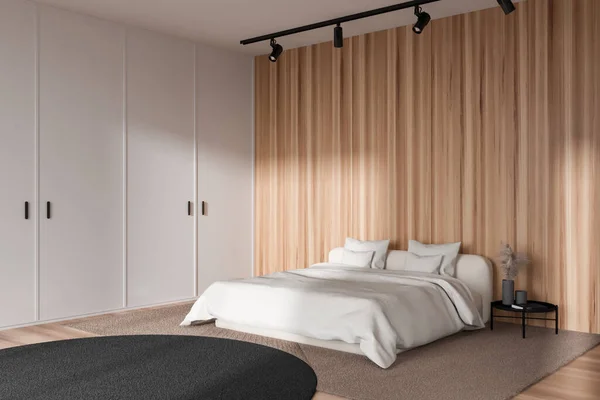 白色卧铺在地毯上 床头柜装饰 侧视图 浅硬木地板 复制空白的墙壁 3D渲染 — 图库照片