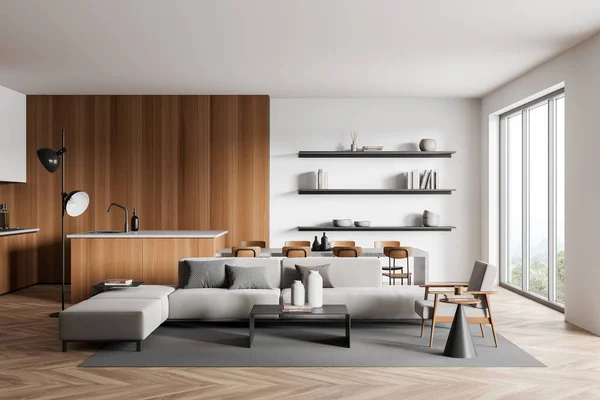 Weißes Studio Interieur Mit Sofa Und Esstisch Mit Insel Panoramafenster — Stockfoto