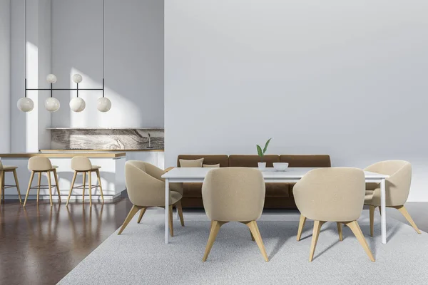 椅子付きのソファとダイニングテーブル付きの白いキッチンインテリア バー島と席のある調理スペース ベージュのコンクリート床 空の壁をふさいで 3Dレンダリング — ストック写真