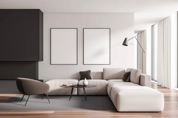 Weißes Wohnzimmer Mit Sofa Sessel Und Kamin Mit Couchtisch Und — Stockfoto