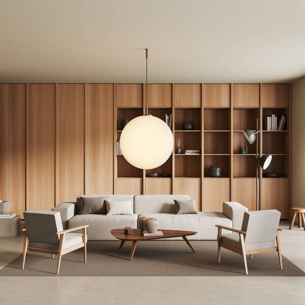 Light chill zone interior with sofa and two armchairs, coffee table and wooden shelf with decoration, beige concrete floor. Lounge area in modern apartment. 3D rendering