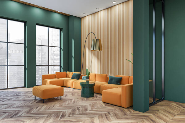 Green living room interior with orange sofa, side view, coffee table and pouf on hardwood floor. Modern chill zone with panoramic window on Singapore city view. 3D rendering