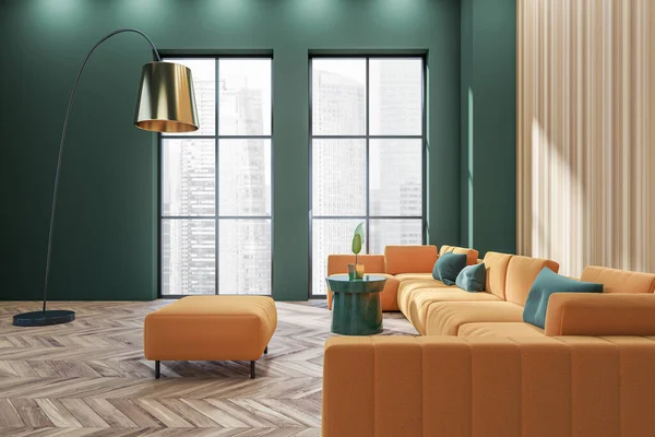 Modern Vardagsrum Interiör Med Orange Soffa Sidoutsikt Soffbord Och Puff — Stockfoto