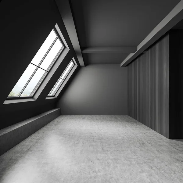 Interior Sótão Escuro Com Piso Concreto Cinza Vista Frontal Apartamento — Fotografia de Stock