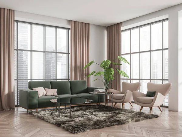 Weiße Wohnzimmereinrichtung Mit Sofa Und Zwei Sesseln Seitenblick Couchtisch Mit — Stockfoto