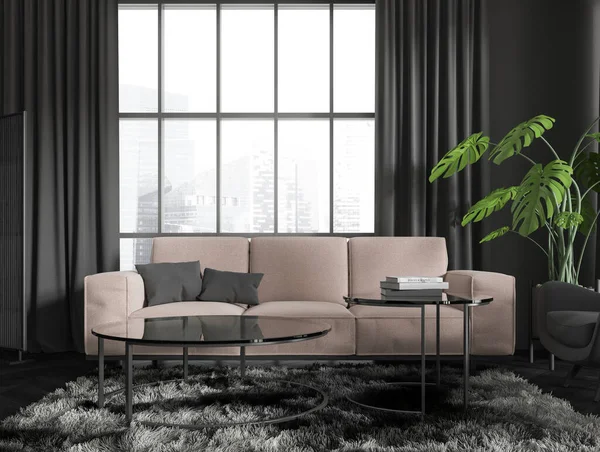 Dunkler Loungebereich Mit Sofa Und Couchtisch Mit Dekoration Pflanze Auf — Stockfoto