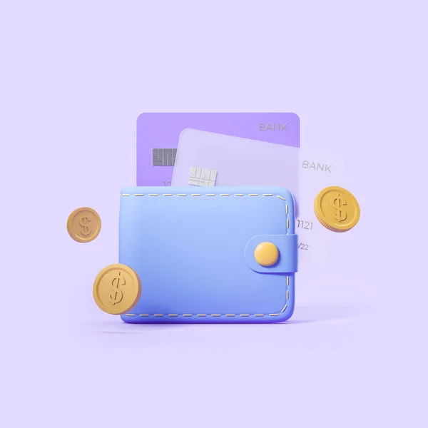 Бумажник Золотыми Монетами Двумя Кредитками Фиолетовом Фоне Концепция Сбережений Доходов — стоковое фото