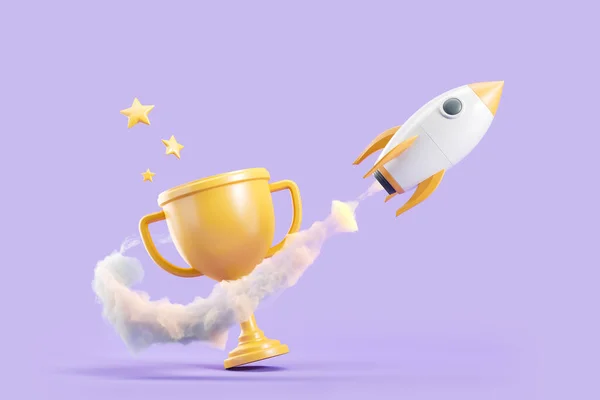 Nave Espacial Despegue Copa Campeona Oro Con Estrellas Sobre Fondo — Foto de Stock