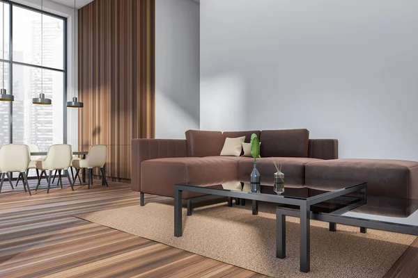 有沙发的白色会议室内部和有桌子 侧视图 硬木地板地毯的扶手椅 新加坡城市全景窗口 模拟空墙 3D渲染 — 图库照片