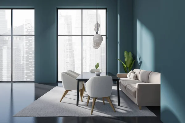 Blaues Wohnzimmer Mit Sofa Und Sesseln Mit Tisch Seitenblick Teppich — Stockfoto