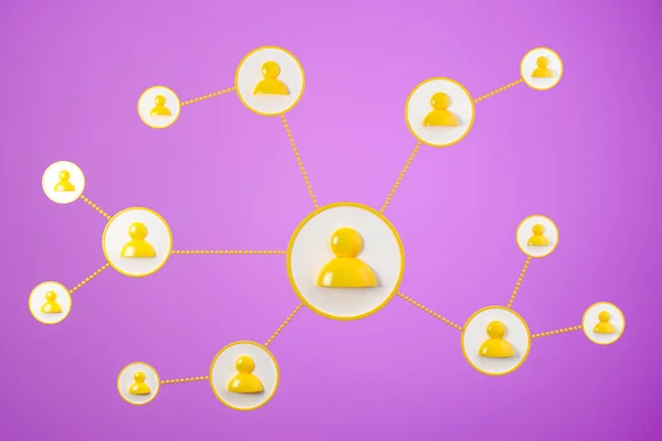 Social network circuit with yellow personal icons, circuit of profiles on purple background. Concept of communication and connection. 3D rendering
