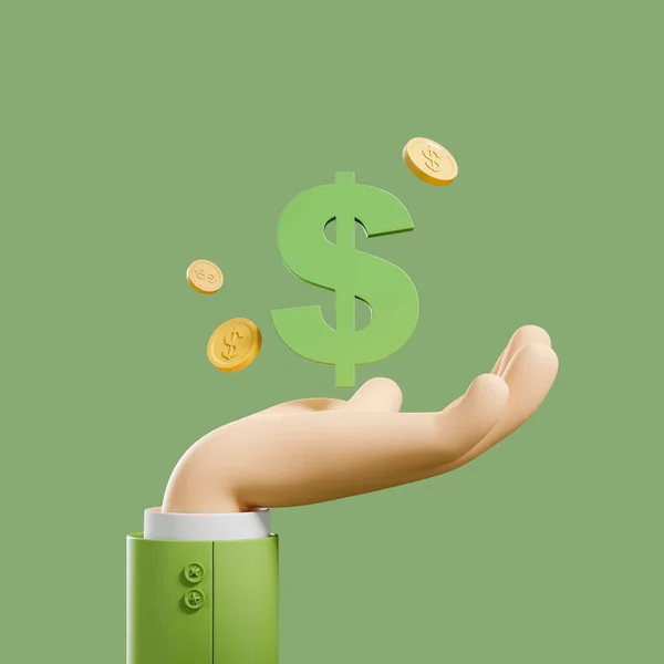 Cartoon Ruka Držet Dolar Znamení Zlatými Mincemi Plovoucí Zelené Pozadí — Stock fotografie
