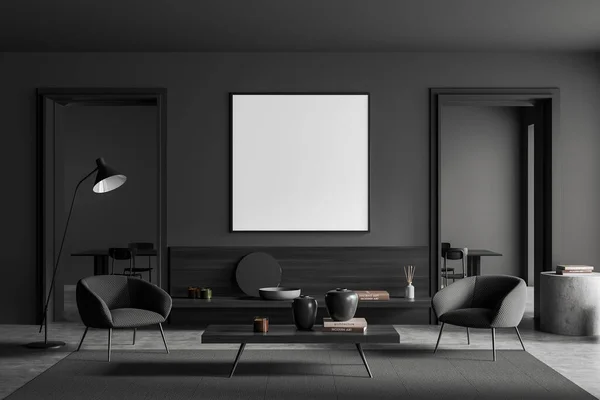 Dark Living Room Interior Armchairs Coffee Table Grey Concrete Floor — Stock Photo, Image
