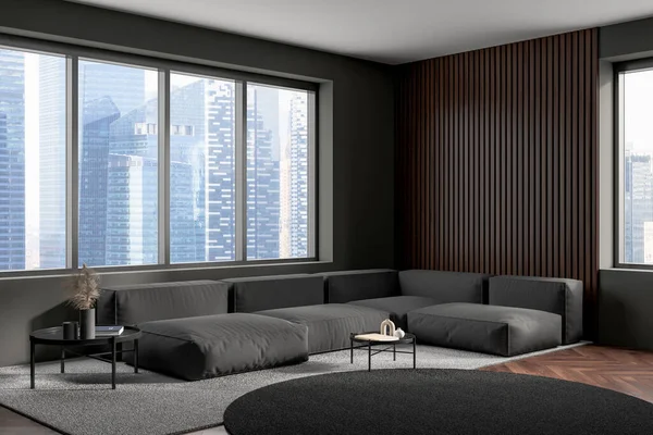 Moderner Loungebereich Mit Sofa Seitenblick Couchtisch Auf Teppich Hartholzboden Panoramafenster — Stockfoto