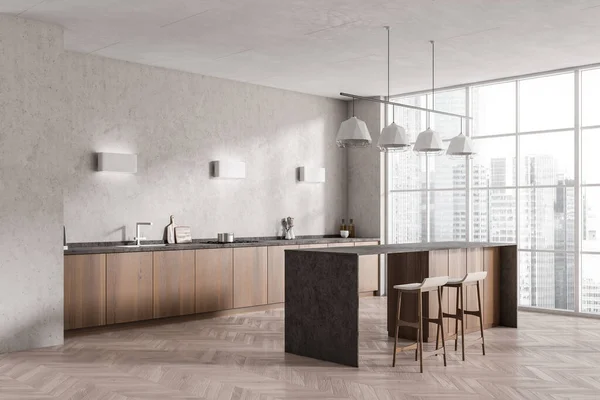 Stilvolles Kücheninterieur Mit Barstühlen Und Insel Seitenblick Panoramafenster Auf Die — Stockfoto