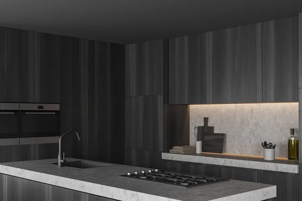 Dark Kitchen Interior Concrete Countertop Side View Sink Stove Black — Stock Photo, Image