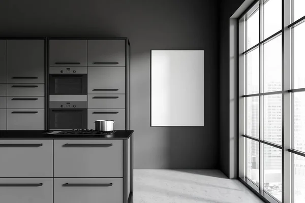 Dark Kitchen Interior Island Cabinet Shelves Grey Concrete Floor Sink — Stock Photo, Image