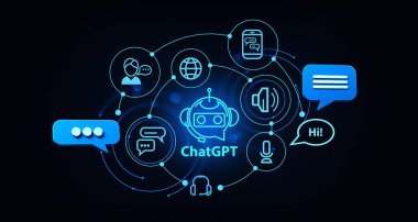 ChatGPT ve sosyal medya ikonları ve mesajları olan yapay zeka hologramı. OpenAI tarafından geliştirilen dijital sohbet. Makine öğrenme ve modern teknoloji. 3B görüntüleme