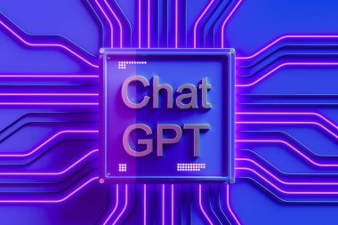ChatGPT ve ağ kurmak ve veri işlemek için yapay zeka. Devre bağlantısı olan dijital çip, OpenAI tarafından geliştirilmiş yapay zeka. Makine öğrenme kavramı. 3d görüntüleme, illüstrasyon