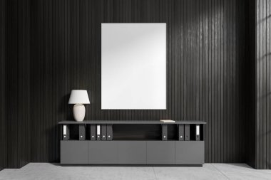 Koyu ahşap duvarları, fayanslı zemini, gri dosya dolabı ve üzerinde dikey maket posteri olan şık bir ofis. 3d oluşturma