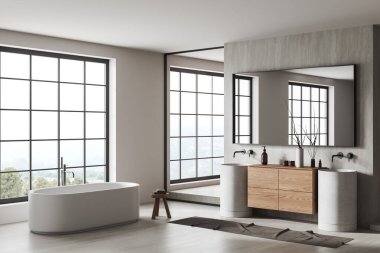 Çift lavabolu, küvetli, panoramik pencereli modern ev banyosu. Modern tasarım ve minimalist aksesuarları olan şık bir banyo köşesi. 3B görüntüleme