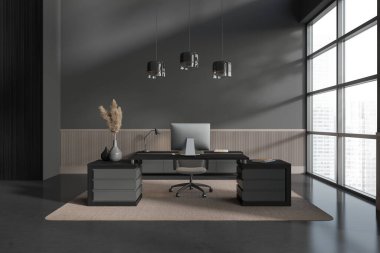 Masasında bilgisayar, gri beton zeminde halı olan modern iş yerleri. Çekmeceli, dekoratif, gökdelenlerin panoramik pencereli Ceo işyeri. 3B görüntüleme