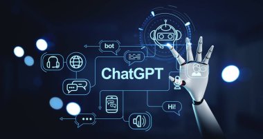 Beyaz ve siyah robot el bulanık mavi arkaplan üzerinde büyüleyici ChatGPT arayüzü kullanıyor. Yapay zeka kavramı. 3d oluşturma