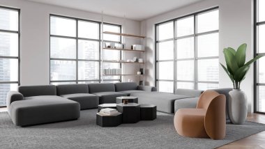 Beyaz duvarları, ahşap zemini, iki gri koltuğu, kahverengi koltuğu ve altıgen sehpası olan modern oturma odasının içi. Bulanık şehir manzaralı pencereler. 3d oluşturma